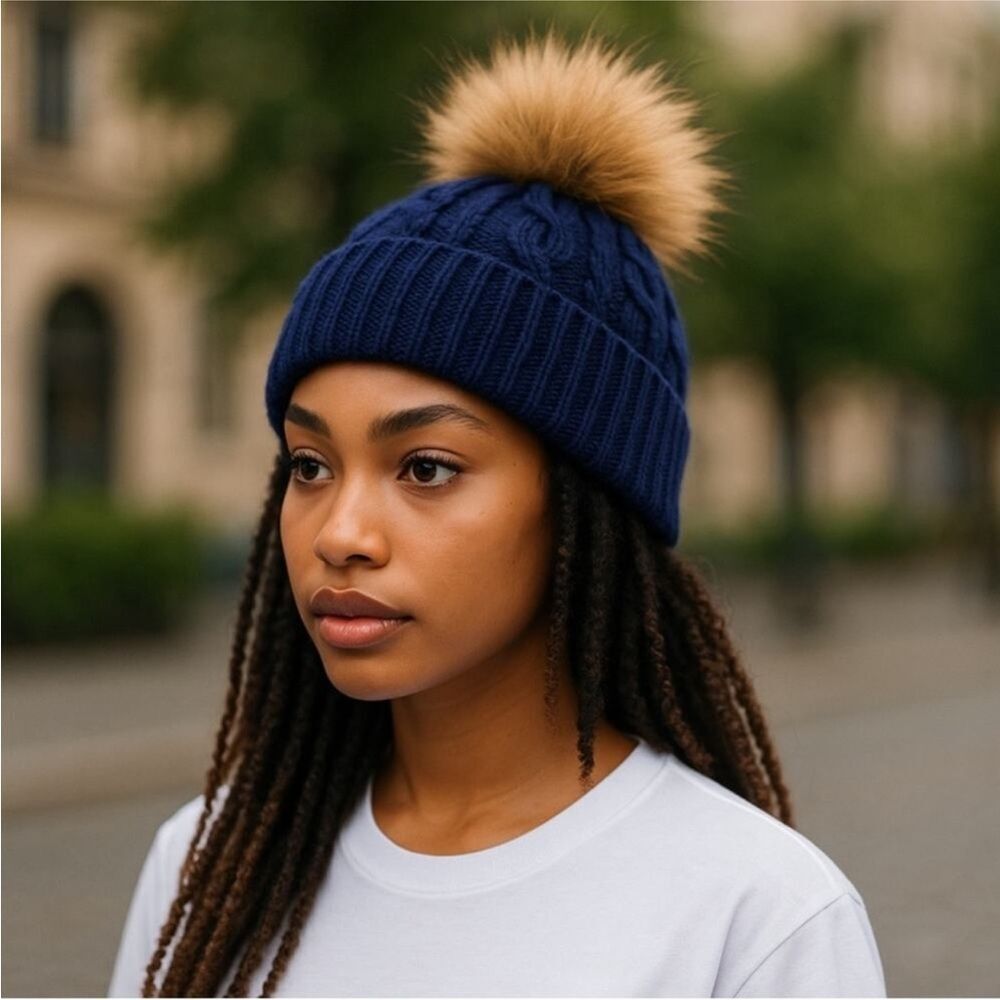 Nordstrom Wool & Recycled Cashmere Faux Fur Pom Beanie In Navy Pageant New